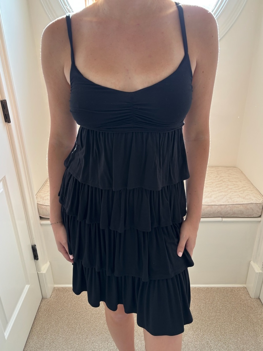 J. Crew Black Tiered Ruffle Spaghetti Strap Mini Dress